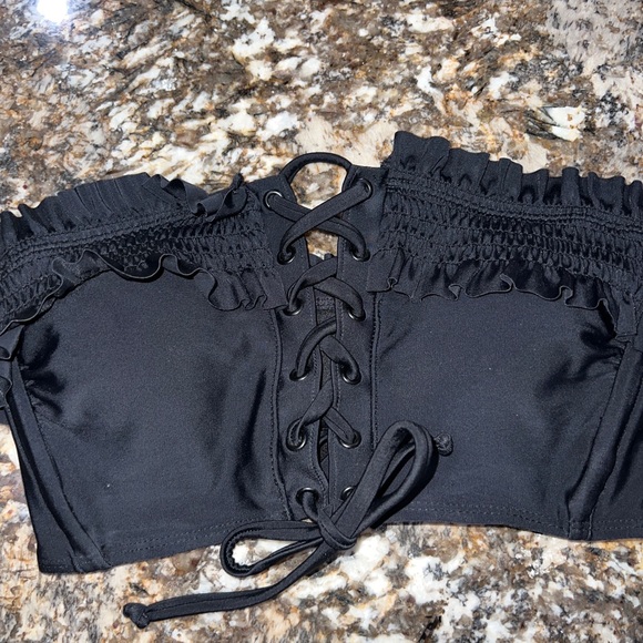 Xhilaration black bralette swim top size small ruffle sleeve lace up front - Picture 3 of 8